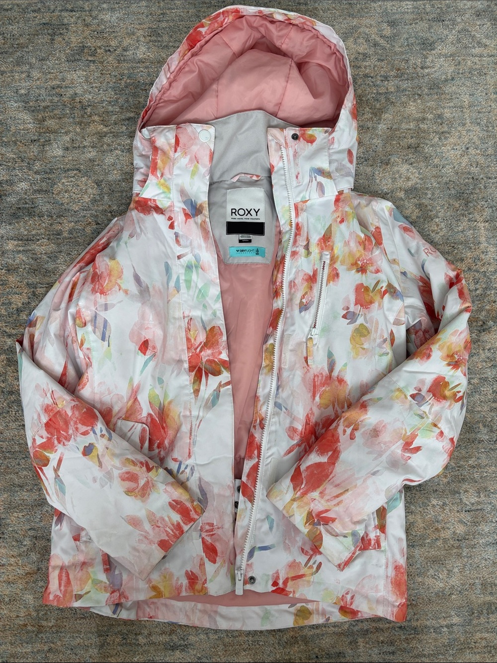 Roxy White Ski Jacket with Coral Floral Print